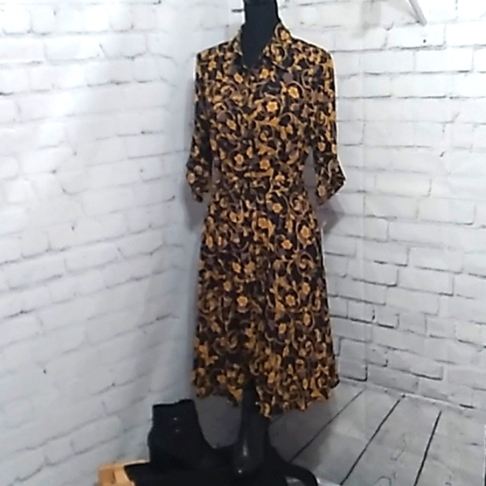Long Sleeve FloralPrint Pin tuck Shiftdress Black Yellow Nanette Lepore - Picture 4 of 12
